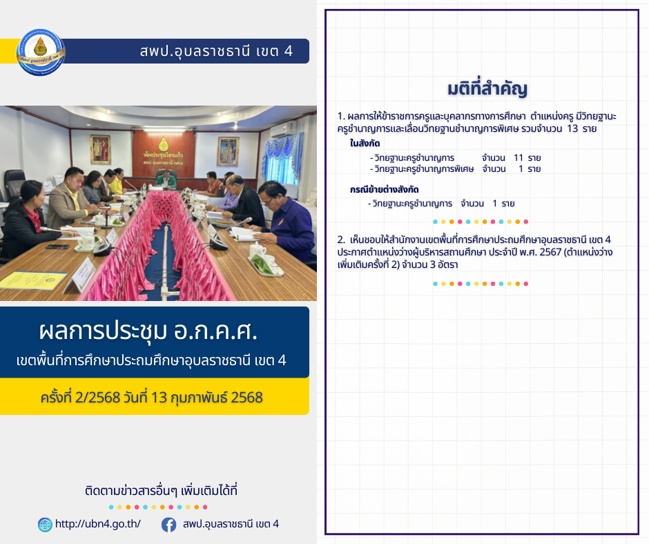 ผลการประชุม อ.ก.ค.ศ. เขตพื้นที่การศึกษาประถมศึกษาอุบลราชธานี เขต 4 ครั้งที่ 2/2568