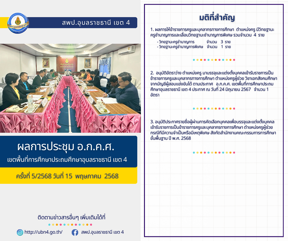 ผลการประชุม อ.ก.ค.ศ. เขตพื้นที่การศึกษาประถมศึกษาอุบลราชธานี เขต 4 ครั้งที่ 5/2568