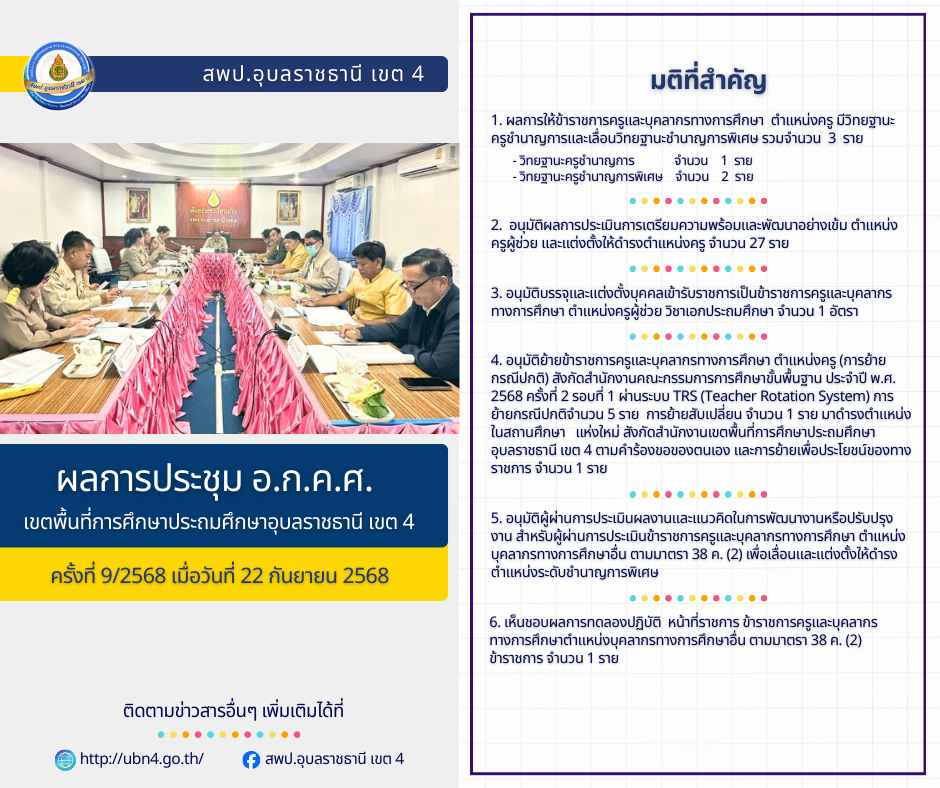 ผลการประชุม อ.ก.ค.ศ. เขตพื้นที่การศึกษาประถมศึกษาอุบลราชธานี เขต 4 ครั้งที่ 9/2568