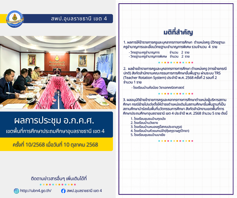 ผลการประชุม อ.ก.ค.ศ. เขตพื้นที่การศึกษาประถมศึกษาอุบลราชธานี เขต 4 ครั้งที่ 10/2568